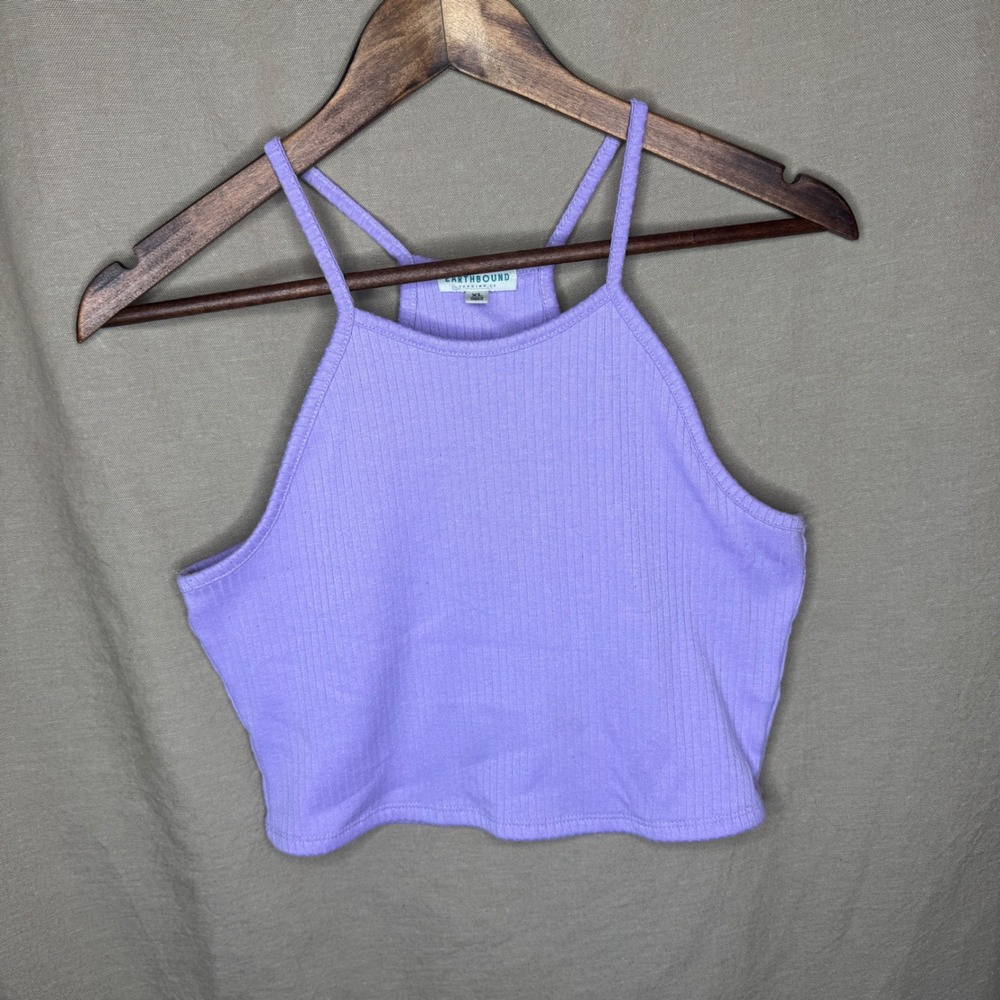 Earthbound Trading Co Lilac Ribbed High Neck Halter Crop Top XL Minimalist
